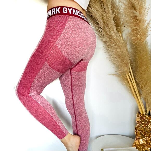NEW GYMSHARK Red White Stripe Mid High Rise Ankle 7/8 Logo Band Gym Leggings M - Picture 1 of 11